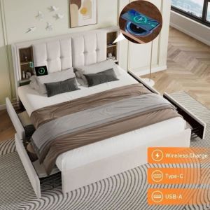Lit double 160x200 cm coffre Velours - JAERLIUB - 4 tiroirs - recharge sans fil USB C - beige