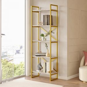 Étagère bibliothèque Opawa Métal Or et Bois Effet marbre Blanc