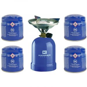 Image de Kemper R&eacute;chaud &agrave; gaz m&eacute;tal + 4 cartouches de gaz - R&eacute;chaud camping pour cartouche gaz 190g