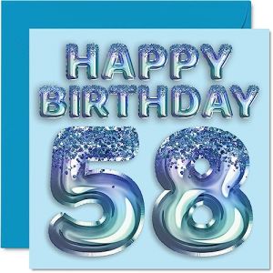 Carte d'anniversaire 58 ans pour homme – Ballon de fête bleu à paillettes – Cartes d'anniversaire pour homme de 58 ans, oncle, grand-père, grand-père, grand-père, grand-père, grand-père, grand-père,