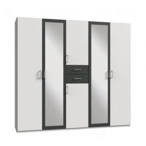 Wimex Armoire 4 portes blancs 2 portes miroirs DIVER 225 cm 2 tiroirs graphites