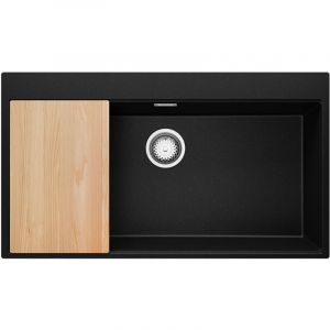 Evier Cuisine en Granit Noir Metallic, 90 x 50 cm, Évier 1 bac + Kit de Vidage, Évier au meuble 90cm - Oslo 90 Level