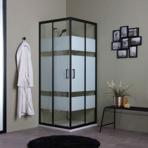 Kiamami Valentina Cabine de douche carrée 80x80 Verre sérigraphié de 6 mm et profilés noirs mats City