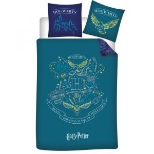 Warner Harry Potter - Parure de Lit Enfant Poudlard Bleu, Lit 1 place, Housse de couette 140x200 cm, Taie d&rsquo;oreiller 63x63 cm