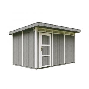 Image de Abri de jardin à base de bois en panneaux LP SmartSide 9 m² - Abri de jardin avec sol et tuiles bitumineuses L412xL279xH237 cm - Abri de jardin Timbela M904- Couleur de peinture CAVERN STEEL