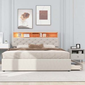 Lit adulte 140x200cm avec tiroirs, LED et port USB, sommier à lattes, tête de lit réglable, tissu en lin, beige