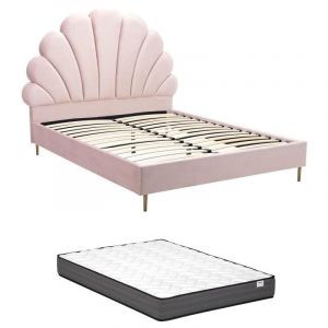 Lit coquillage 160 x 200 cm - Velours - Rose + Matelas - LIVAYA