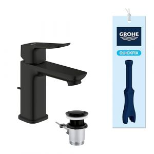 Grohe Dice Mitigeur monocommande Lavabo Taille S (Robinet pour Lavabo de Salle de bain, Avec Tirette et garniture de vidage, QuickTool inclus, Economie d'eau), Noir Mat, 1018562430
