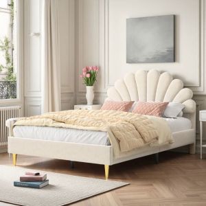 Lit adulte 140x200 cm - TANANT - T&ecirc;te de lit fleur - Velours beige - 2 places - Sommier inclus