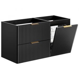 Furnidea - Meuble suspendu sous vasque avec panier &agrave; linge ADEL NOIR 100 cm - 2 tiroirs - Fa&ccedil;ades rainur&eacute;es