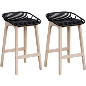 Image de Tabourets d'ilot 65 cm pieds chêne assise plastique noire - Lot de 2