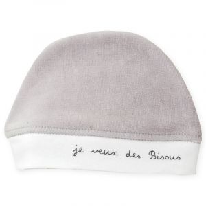 Trois Kilos Sept Bonnet Naissance velours Je veux des bisous GRIS