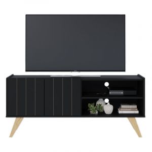 Beaux Meubles Pas Chers - Meuble tv Bar 55 Pouces Noir Pieds Bois 2 Portes 3 Niches l 135.8 h 58.7 p 36.1cm