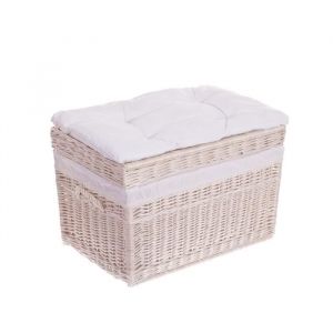 Grand panier - E-WICKER24 - Corbeille Pouf Banc avec Coussin de Siège - Osier et Coton - Blanc et Beige