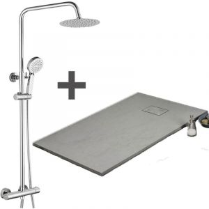 Stano Pack Receveur de douche 90 x 170 cm extra plat Gris + Colonne de douche thermostatique Finition chrom&eacute;e - Finition chrom&eacute;e