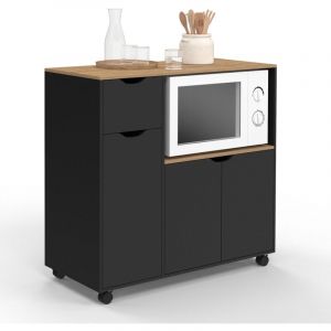 Idmarket Desserte micro-onde de cuisine COSI XXL placards avec tiroir bois noir et plateaux façon hêtre L.90 cm
