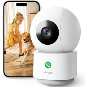 AOSU 2K Caméra Surveillance WiFi Intérieure, Caméra Intérieure, Vision Nocturne HD 10m, 5G/2.4 GHz WiFi, Détection des Humains et Animaux par l'IA, Appel à Une Touche, pour Bébé/Animaux