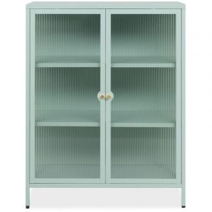 Calicosy Commode verte 2 portes vitrées et 2 étagères en métal L80 cm - Vert