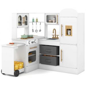 Cuisine Enfants XXL Interactif COSTWAY en Bois - 3 Ans+ avec Plateau Rétractable, Lumières et Sons 16 Accessoires Blanc