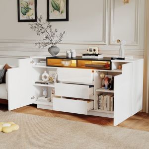 Buffet moderne 140&times;40&times;68cm - REDOM - avec 2 portes L et 3 tiroirs &eacute;clairage LED - en panneau de particules blanc et noir