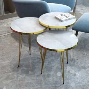 Set de 3 tables d'appoint Skibby rondes gigognes marbre blanc or