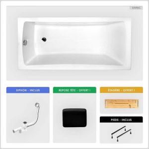Baignoire rectangulaire - 140 x 70 cm - sans Habillage - avec Pieds - Repose-tête - Étagère bambou - Vidage Chrome - OPTIMA
