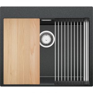 Evier Cuisine en Granit 58 x 50 cm Lavabo 1 bac + Kit de Vidage, Évier à Encastrer de Primagran Graphite - black#white