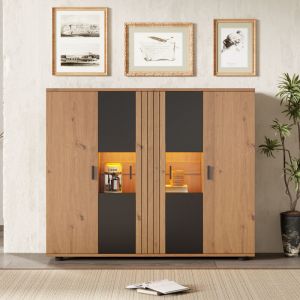 Buffet 140x35x113 cm - Avec éclairage LED - 4 portes - Étagères réglables - Naturel + noir