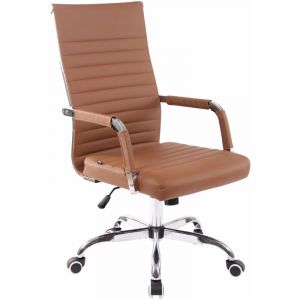 Décoshop26 Fauteuil de bureau sur roulettes confortable hauteur réglable en similicuir marron clair cadre métal chromé BUR10570