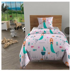 Soleil d'Ocre Parure housse de couette 140x200 cm SIRENES rose, 100% coton 57 fils/cm2, par