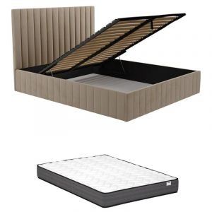 Lit coffre 180 x 200 cm avec tête de lit coutures verticales - Velours - Taupe + Matelas - LARALI de Pascal Morabito