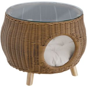Table basse en rotin Tivoli avec lit pour animaux de compagnie, supporte env. 75 kg - Table basse ronde, table basse de salon, table basse en bois