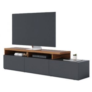 Beaux Meubles Pas Chers - Meuble tv Bar 70 Pouces Chêne et Anthracite 3 Portes 6 Niches l 210 h 50.6 p 45.3 cm