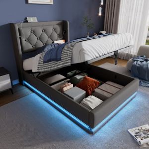 Lit coffre capitonn&eacute; simple 90 x 200 cm avec fonction de chargement usb Type-C et led, en coton, gris, sans matelas
