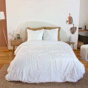 Parure de lit coton lav&eacute; tuft&eacute; motifs arrondis 2 places blanc. 1 housse + 2 taies 63x63cm 260 x 240 cm