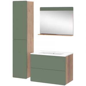 Ensemble de meubles de salle de bains Izan, Force d'or Ch&ecirc;ne/Vert, 4 pi&egrave;ces avec armoire haute, Vicco