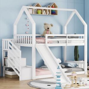 Lit superpos&eacute; - LITS SUPERPOSES 03 - 90x200cm avec escalier de rangement et toboggan - Blanc - 2 places