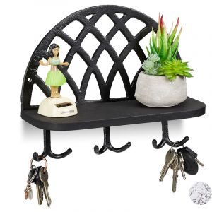 Relaxdays Armoire &agrave; cl&eacute;s, Planche &agrave; cl&eacute;s, Support et crochet, vintage, en bois, garde robe murale HlP 23x27x12cm,noir