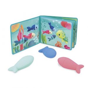 Janod Livre de Bain Interactif avec 3 Jouets Aspergeurs Inclus - 1 Livre + 3 gicleurs - Développe la Motricité Fine - Nettoyage Facile - Dès 10 Mois - J04733