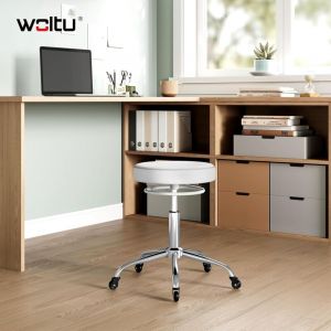 Woltu - Tabouret Bureau Tabouret roulettes en pu, roulettes en Caoutchouc, Hauteur R&eacute;glable, Blanc