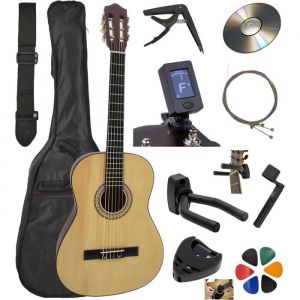 AMROVA Pack Guitare Classique 3/4 (Enfant 8-12 ans) + 10 Accessoires (Housse Accordeur) + Cours Vid&eacute;o & CD (Naturel 3/4
