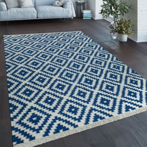 Paco Home Tapis Tiss&eacute; Main Tendance Moderne Design Marocain Franges Bleu Blanc 60x110 cm