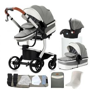 Poussette 3 En 1 Magic Zc Poussette Poussette Trio Poussette Cosy Voyage Cuir Pu Sac &Agrave; Main Pliage En Un Clic Hamac R&eacute;versible Gris