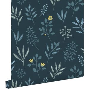Estahome - papier peint fleurs au style scandinave bleu fonc&eacute; et jaune ocre