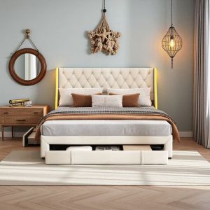 Lit Coffre Double 160x200 - Velours Gris Perle - 3 Tiroirs - LED Multicolore - Structure M&eacute;tal