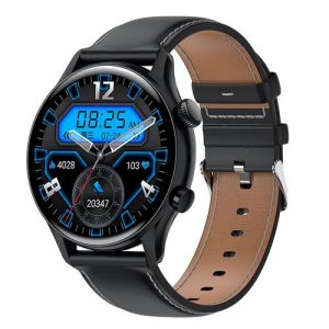 Yonis Montre Connectée Sport Retina 1,36'' Cuir PU Cardio O2 Pression Sanguine Commande Vocale IP68 Noir