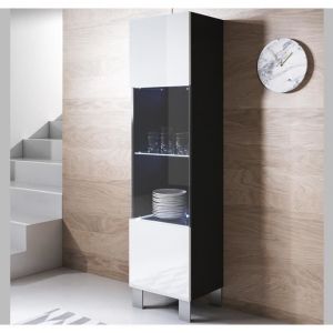 Vitrine Armoire LED | 40 x 177 x 29cm | Noir et Blanc Finition brillante | Pieds Alu | Rangement | 1 porte 4 compartiments |LUKE V6