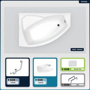 Baignoire asymétrique - 170 x 110 cm - Gauche - avec Tablier - Pieds - Repose-tête - Vidage Chrome - RIMA