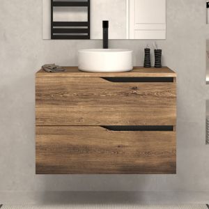 Meuble de salle de bain 70cm avec plateau et vasque à poser - 2 tiroirs - sans miroir - tabaco (bois foncé) - LUNA