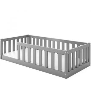 Interbeds - Lit enfant Bella Dim. Couchage 80x160 Style Montessori – Au sol- Barrière de Sécurité - Sommier à Lattes- Bois Massif- Pin-Sans matelas